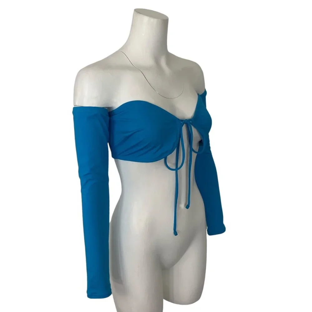 SKIMS Blue Off-Shoulder Long Sleeve Bikini Top